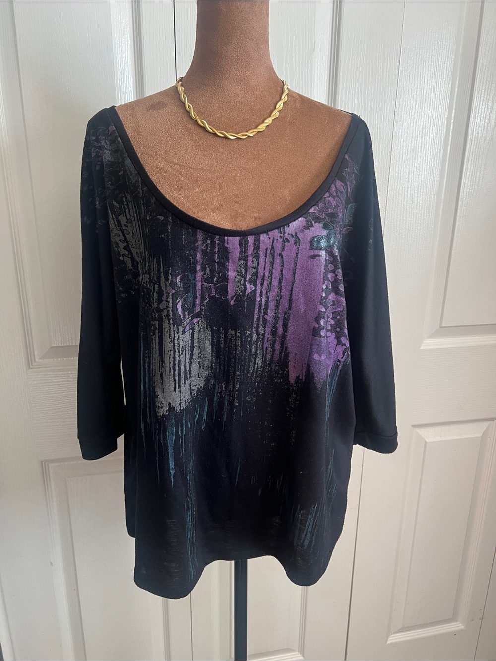 Decree Black Scoop Neck Top with Purple and Gray Print
